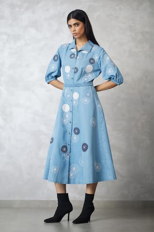 Nachiket Barve Light Blue Denim Applique Dress 