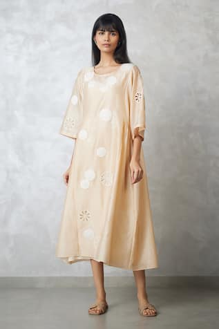 Nachiket Barve Beige Cutwork Applique Gathered Dress 