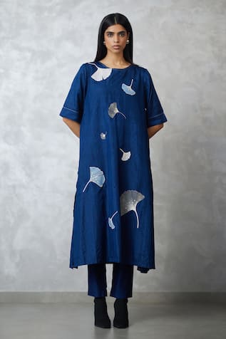 Nachiket Barve Indigo Ginkgo Crushed Silk Tunic 