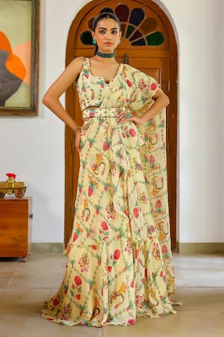Sanam Jewels Printed Pre-Draped Saree With Blouse 