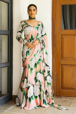 Sanam Charlotte Floral Print Pre-Draped Saree With Blouse 