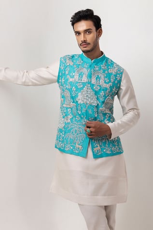 PAARSH Silver Seranade Embroidered Nehru Jacket Kurta Set 