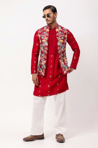 PAARSH Banjara Red Embroidered Nehru Jacket Set 