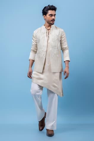 PAARSH Lacy Grey Embroidered Nehru Jacket Set 