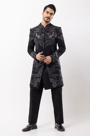 PAARSH Black Mirage Embroidered Achkan With Pant 