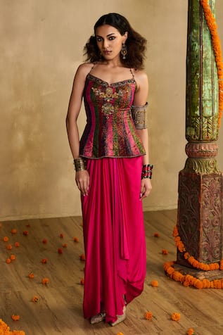 Reeti Arneja - Theklub Rani Pink Corset Drape Skirt Set 