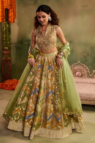 Reeti Arneja - Theklub Rangrez Green Geometric Pattern Lehenga Set 
