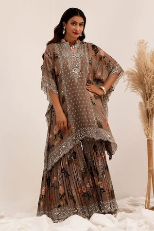 Surkh Syahi Aaina Asymmetric Kaftan Gharara Set 