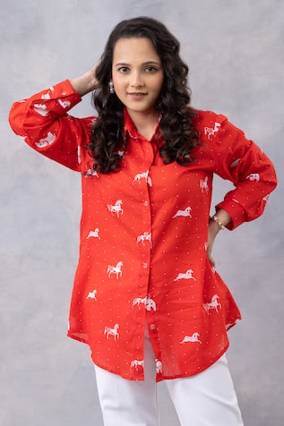 Thee Modern Roots Poppy Red Horse Print Cotton Mul Shirt 