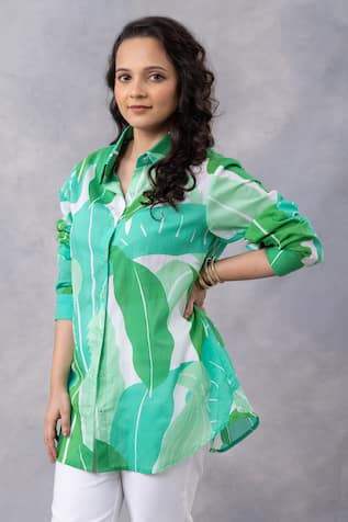 Thee Modern Roots Tropical Green Cotton Mul Printed Shirt 