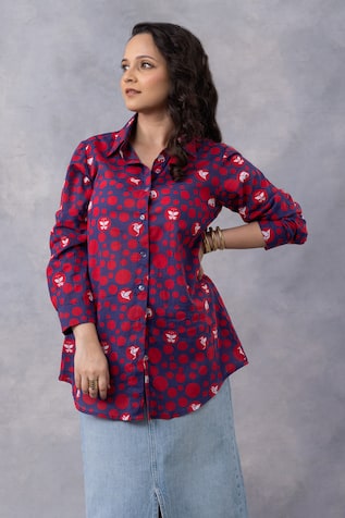 Thee Modern Roots Ink Blue Dot Parade Print Cotton Mul Shirt 