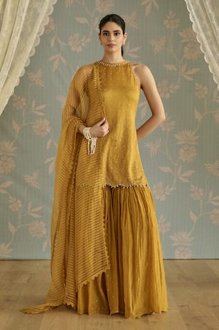 Kritika Dawar Ira Mustard Hand Embroidered Halter Neck Gharara Set 