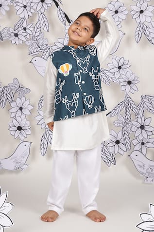 LA Dee DA Teal Tribe Print Nehru Jacket Set 