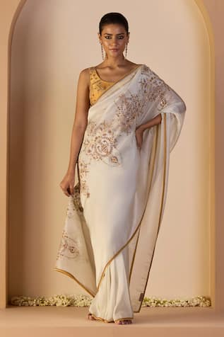 Sarang Kaur White Iqra Saree With Unstitched Blouse 