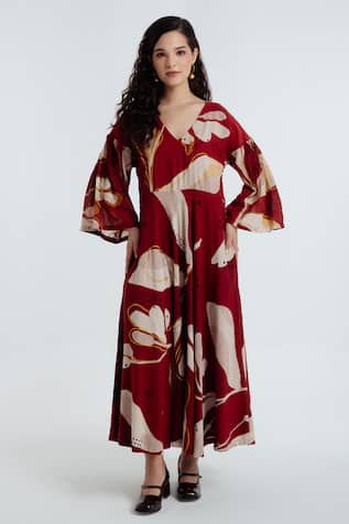 Rias Jaipur Madder Bell Sleeve Printed Dress 