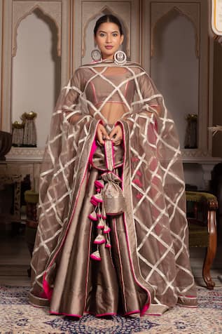 Pomcha Jaipur Taffeta Silk Gota Patti Lehenga Set 