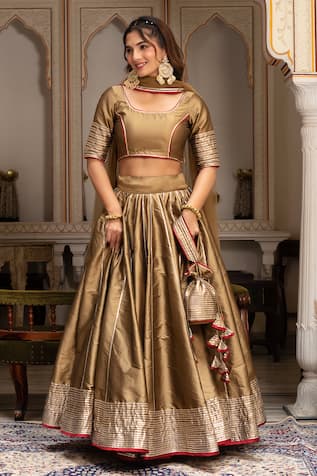Pomcha Jaipur Taffeta Silk Gota Patti Lehenga Set 