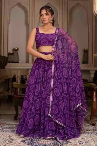Pomcha Jaipur Purple Bandhej Georgette Lehenga Set 