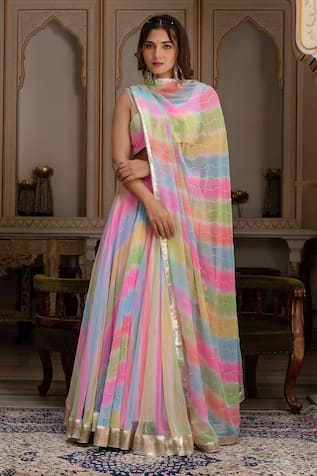 Pomcha Jaipur Multicolor Leheriya Georgette Gota Patti Lehenga Set 