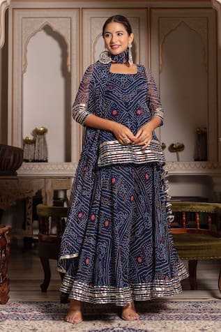 Pomcha Jaipur Bandhej Gota Patti Georgette Skirt Set 