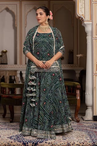 Pomcha Jaipur Georgette Bandhej Gota Patti Skirt Set 