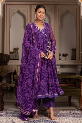 Pomcha Jaipur Bandhej Georgette Gota Patti Angrakha Set 