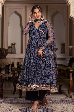 Pomcha Jaipur Gota Patti Georgette Angrakha Set 