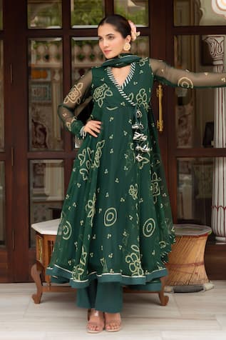 Pomcha Jaipur Bandhej Georgette Angrakha Set 