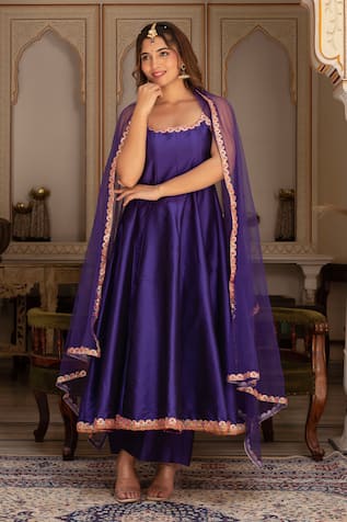 Pomcha Jaipur Rimjhim Embroidered Taffeta Silk Anarkali Set 