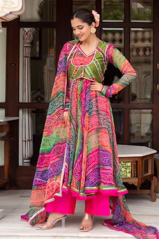 Pomcha Jaipur Multicolor Bandhej Jacket With Anarkali Set 