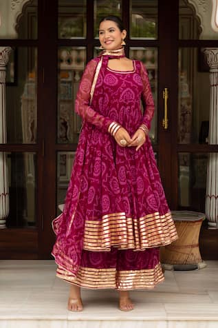 Pomcha Jaipur Bandhej Georgette Gota Patti Anarkali Set 