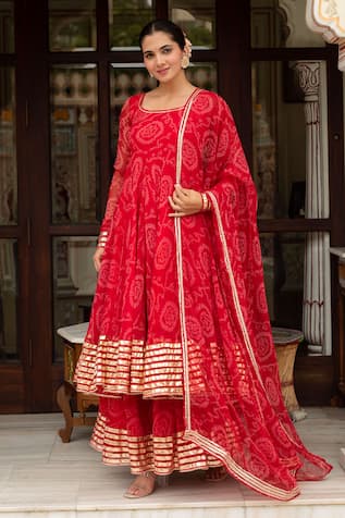 Pomcha Jaipur Bandhej Georgette Gota Patti Anarkali Set 
