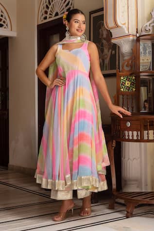 Pomcha Jaipur Leheriya Gota Patti Georgette Anarkali Set 