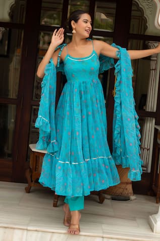 Pomcha Jaipur Aasmani Blue Bandhej Georgette Anarkali Set 