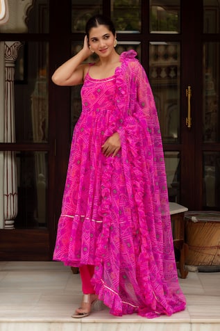 Pomcha Jaipur Gulaal Pink Bandhej Georgette Anarkali Set 