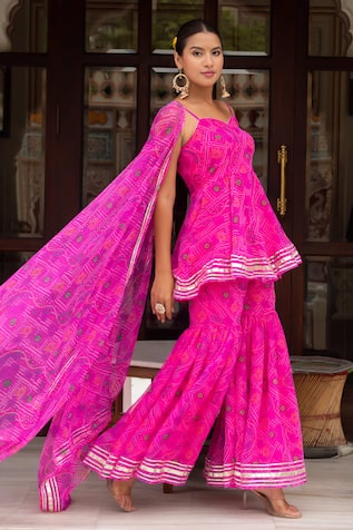 Pomcha Jaipur Pink Bandhej Georgette Kurta Sharara Set 