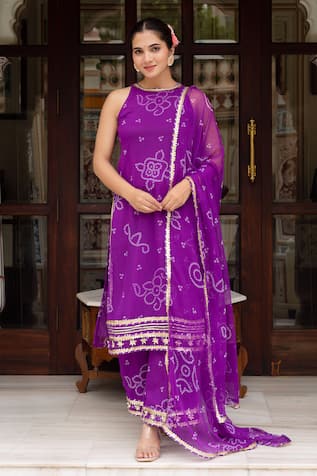 Pomcha Jaipur Purple Georgette Bandhej Gota Patti Kurta Set 