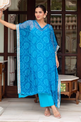 Pomcha Jaipur Bandhej Blue Kaftan With Cotton Pant 
