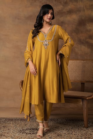 ISHA GUPTA TAYAL Golden Yellow Silk Embroidered Kurta Set 