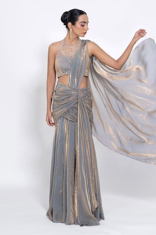 Ellemora Fashions Foil Print Pre-Draped Skirt Saree Set 