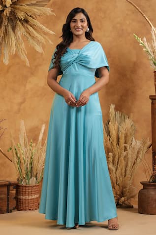 B'Infinite Cyan Blue Twist Front Off Shoulder Gown 