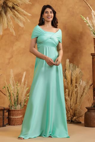 B'Infinite Mint Twist Front Off Shoulder Gown 