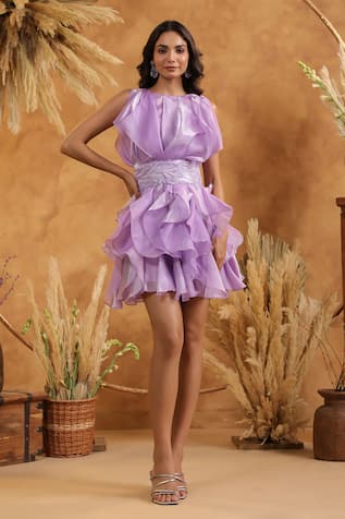 B'Infinite Embellished Lilac Ruffled Dress 