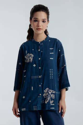 Rias Jaipur Indigo Shadow Pattern Shirt 
