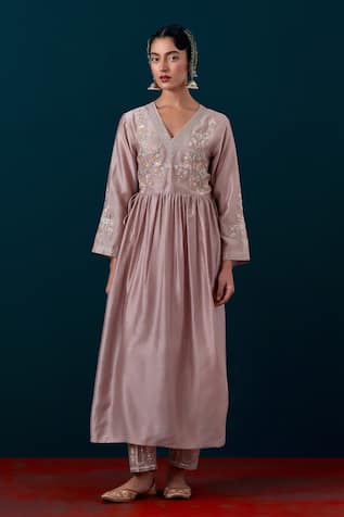 Anantaa By Roohi Silk Chanderi Floral Embroidered Anarkali & Pant Set 