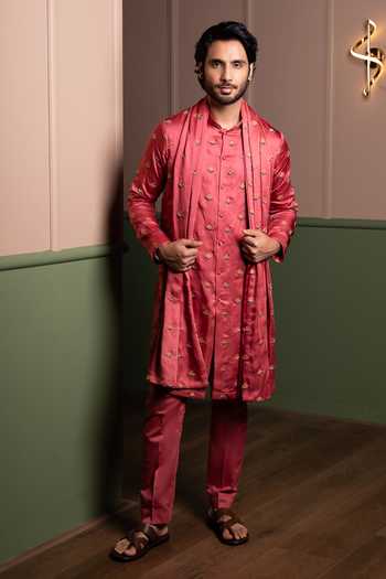 Kaaj Button Triangle Buti Kurta Stole Set 