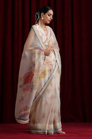 Moh India Mohtarmas Rose Garden Ivory Saree With Blouse 