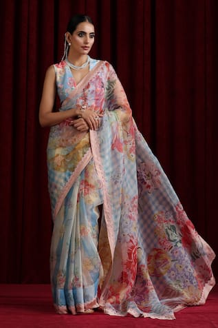 Moh India Rani Bloom Powder Blue Saree With Blouse 