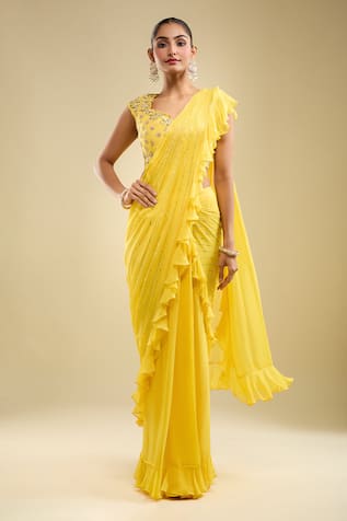 Samyukta Singhania Ruffle Pre-Draped Saree With Embroidered Blouse 