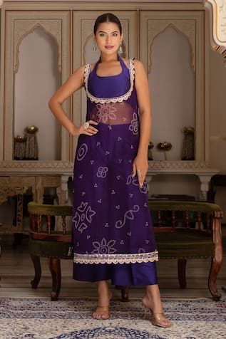 Pomcha Jaipur Purple Bandhej Georgette Kurta Set 